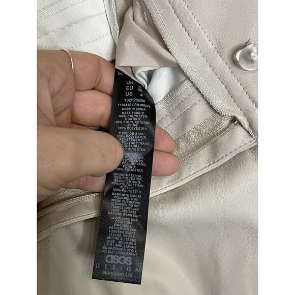 Asos Design Women's 4 High Rise Faux Leather Beige Wide Leg Pants Pleated - Picture 7 of 8